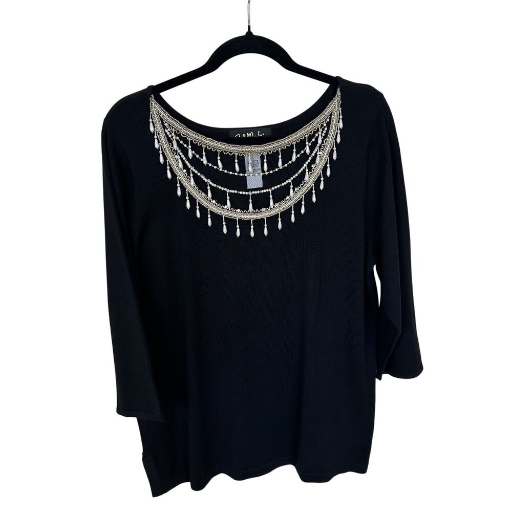 Bob Mackie Womens Pullover Sweater Large Wearable Art Black Beaded Pearl Accent